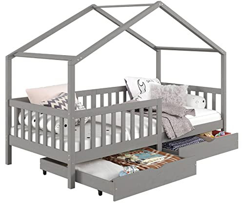 IDIMEX Hausbett ELEA aus massiver Kiefer, Kinderbett mit Rausfallschutz 90x200cm, Spielbett mit Dach in grau
