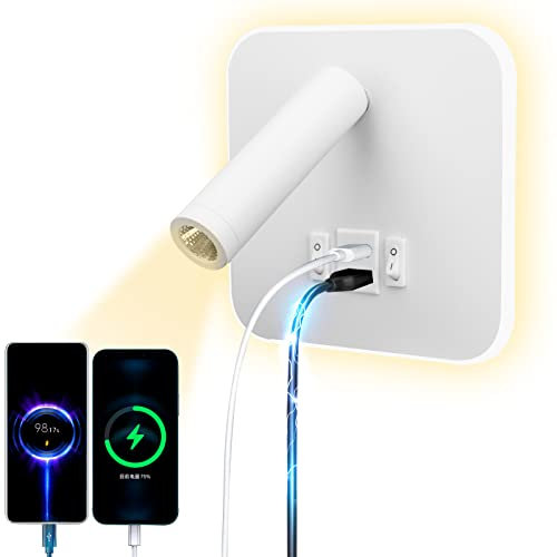 uksunvi LED Leselampe Wandlampe USB Type-C-Zwei AufladungMund Schalter Verstellbarer 12W LED Strahler 3000K Wandleselampe Aluminium Bettlampe Drehbar (Quadratisch weiß)