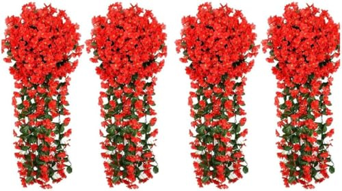 Youning Künstlich Hängende Blumen Kunstblumen Violette Blumen Wand Glyzinien Künstliche Hängepflanzen Bunte Hängende Plastikblumen für Büro Zuhause Party Hochzeit Haus Dekoration (4PCS Rot)