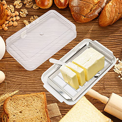 Recipiente cortador de mantequilla, caja de mantequilla estilo cortador, caja de almacenamiento de mantequilla de acero inoxidable, caja de almacenamiento de queso con cubierta transparente