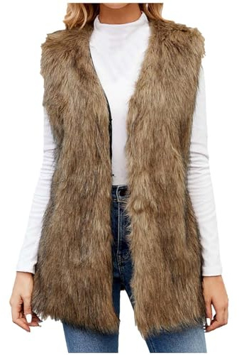 Lange Kunstpelze Weste Damen Ärmellose Fellweste mit V-Ausschnitt Elegant Einfarbig Vest Jacke Dicke Warme Pelzmantel Flauschig Pelzweste Winter Kunstfell Winterjacke Mantel Faux Felljacke Pelzjacke