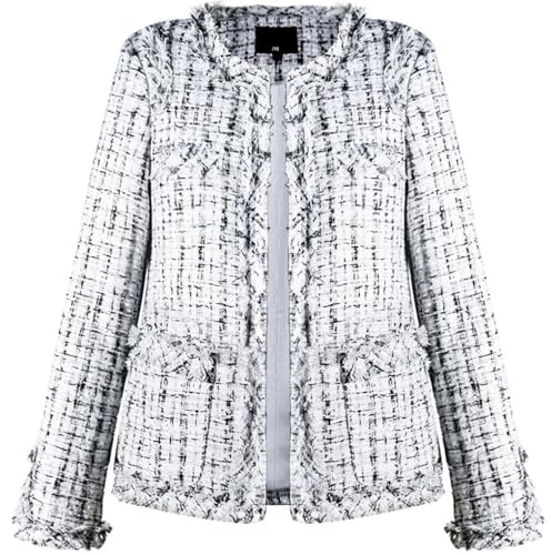 Leyoutx Women's Collarless Plaid Tweed Blazer Elegant Open Front Fringed Casual Business Glitter Jacket, White, M