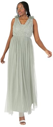 Anaya with Love Women's Women's Maxi Dress Ladies Sleeveless V-Neck Sequin Embellished Tulle Ruffle Shoulder A-line Bridesmaid Prom Ball Gown Dress (Pack of 1)
