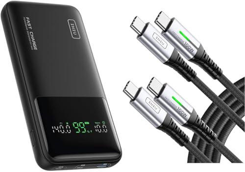 INIU Batterie Externe, 140W Power Bank 27000mAh, Batterie Portable USB C Input & Out & Cable USB C, [2m+2m] 100W 5A PD QC4 Câble USB c vers USB c Charge Rapide, Chargeur Type C de Données en Nylon