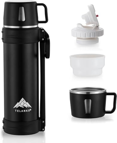 TELANKS Thermosflasche 1.5L mit Becher, Edelstahl Vakuum Thermoskanne mit Griff & Tragegurt, Auslaufsicher Isolierflasche Camping Oder Wandern, 24h Heiß & Kalt