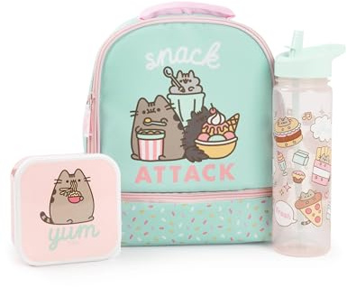 Pusheen the Cat Mint Bolsa de almuerzo, lonchera y botella de bebidas | Snack Attack Set de almuerzo escolar Polkadot para niñas | Botella de agua transparente
