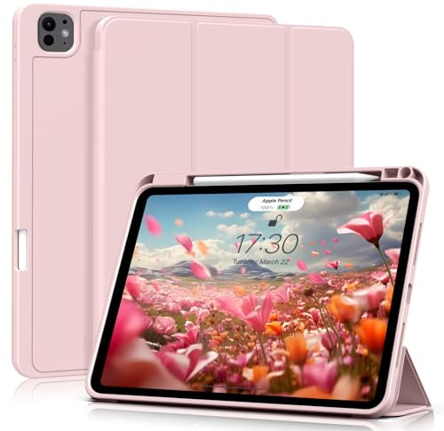 KVTVOU Coque pour iPad Air 13 Pouces M4 2026/M3 2025/M2 2024, iPad Pro 12.9 Pouces (2022/2021, 6/5/ Génération), Étui de Protection en TPU Souple avec Porte-Crayon, Réveil/Sommeil Auto, Rose