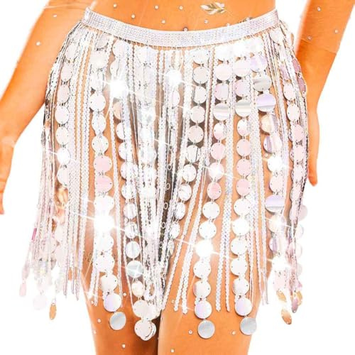 Evlry Falda con borlas de Lentejuelas, Faldas Plateadas para Danza del Vientre, Falda con pañuelo Brillante en la Cadera, Disfraz de Fiesta Rave para Mujer