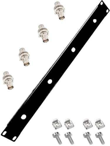 RhymKawa Rack-Panel mit 4 Schottadaptern (4 Ports) für BNC-Antennen mit kabellosen Empfängern, montiert auf Standard-48,3 cm Audio-Ausrüstungs-Rack-Installation