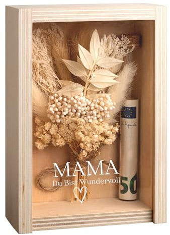 Geldgeschenk Geschenkbox für Mama - Trockenblumen + Reagenzglas, Muttertagsgeschenk, Geburtstagsgeschenk, Holzbox mit Gravur Mama - Du bist Wundervoll