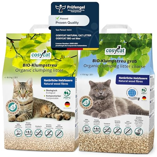 COSYCAT Klumpendes Bio-Katzenstreu aus Holz [100% Natürlich] – in der Toilette entsorgbar – Klumpstreu pflanzlich - Holzstreu (Mix FEIN + GROB, 40 l (20 l + 20 l))