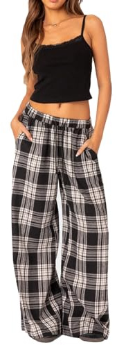 Geagodelia Damen Pyjamahose Sommer Pyjama Hosen Schlafhose Leichte Gestreifte Lange Hose Y2k Lounge Pants Sommerhose Freizeithose Nachtwäsche (G - Schwarz Weiß Karierte, L)
