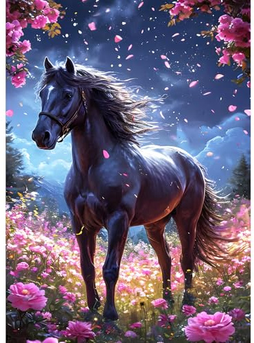 DPHERO DIY Schwarzes Pferd Diamant Painting Bilder für Erwachsene Anfänger,5D Blumen Diamond Painting Set,DIY Traumland Runde Steine Diamant Kunst Kits, Diamant Art für Zuhause Dekor 30x40 cm