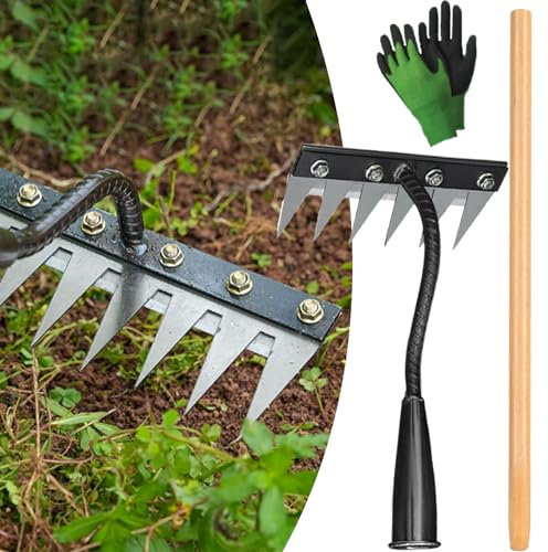 Iron Weeding Rake,with 80cm handle, Effortlessly FAST,Iron Rake 2.0 for Gardening and Weeding,5/6/7/8 Teeth Carbon Steel Garden Weeding Rakes (6 Teeth)