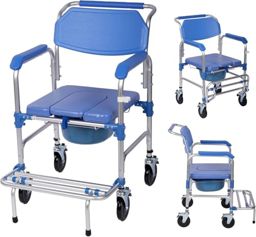 uyoyous 4 in 1 Wheeled Shower Chair Bedside Commode Chair for Elderly Commode Toilet Chair with Locking Wheels and Padded Seat for Disabled, Elderly People，150 kg Weight Capacity