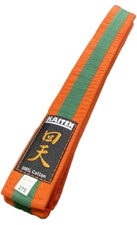 KAITEN Karate Gürtel Orange-Grün - Farbgürtel 2-farbig Mittelstreifen - 4 cm Breite - Länge 230 bis 325 cm