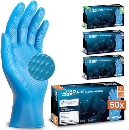 50x PROGRIP Einweghandschuhe Diamant Grip Blau, Nitrilhandschuhe L | Einmalhandschuhe Extra Stark, Handschuhe Einweg griffig, latexfreie Arbeitshandschuhe für Werkstatt & Montage M, L, XL, XXL