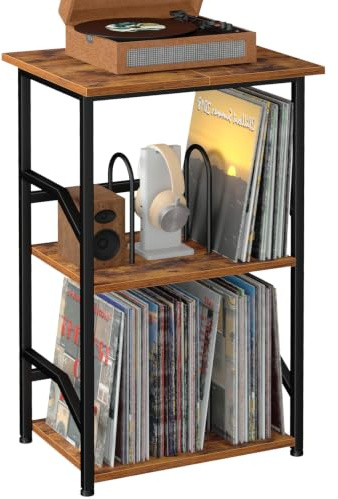LOAKEKEL Record Player Stand, Vinyl Record Storage with Extra-Large Desktop | 3-Tier Side Table Hold Up to 200 Albums, Turntable Stand for Player, Bedside Table for Living Room, Bedroom Brown