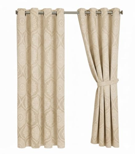 Opulent Dreams Damask Print Room Darkening Curtains - Thermal Insulated Eyelet Top with Tiebacks - Energy Saving Bedroom Drapes, Set of 2 Panels (Beige, 90 x 90 (228 x 228 cm))