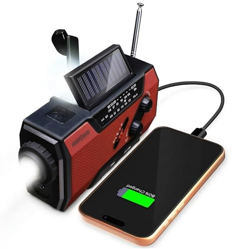 FosPower Kurbelradio mit AM FM und 7400mWh Tragbare Powerbank, Rot | Notfallradio mit Solar Handkurbel Ladung, Batteriebetrieben, SOS-Alarm, und Taschenlampe für drinnen und draußen Zubehör