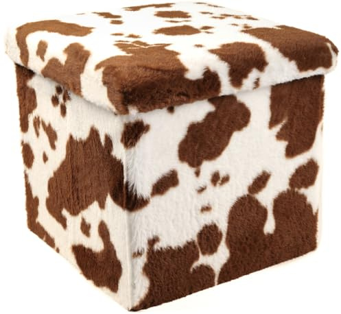 Luxe Faux Fur Storage Ottoman, Cowhide Brown/White, 15 x 15 x 15 in | Engineered Wood, Tool-Free Assembly, Modern Style, Seat And Footrest