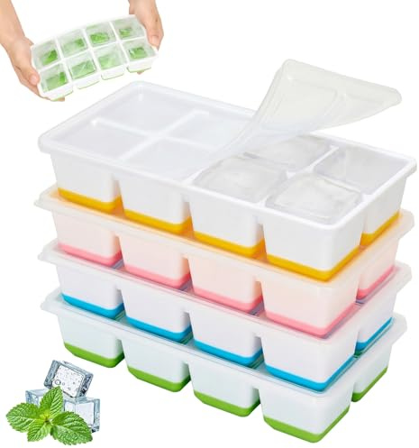 4 Pack Large Ice Cube Moulds, 1.8in Square Silicone Ice Cube Trays with Lids, Easy Release BPA-Free Ice Trays for Freezer, Ice Cube Tray with Lid for Whiskey, Cocktails, Drinks(Mulit)