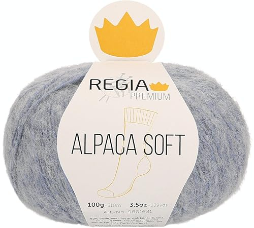 REGIA Premium Alpaca Soft 9801631-00050 hellblau meliert Handstrickgarn, Sockengarn, 100g Knäuel