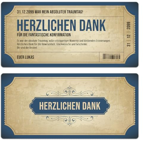 Kartenmachen.de Selbst gestalten: Konfirmation Dankeskarten ab 10 Stück Menge wählbar, DIN Lang 210x98mm, Danksagungskarten Danksagung Konfirmationskarten - Vintage Eintrittskarten in Blau