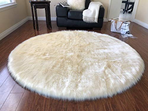 LAMBZY Faux Sheepskin Super Soft Hypoallergenic Rug Plush Fur, Luxury Shaggy Silky Plush Carpet for Bedrooms Rugs Living Room Kids Rooms Sofa Floor Rugs Round (5', D150cm, Cream)