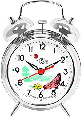 Cunluna - Sveglia meccanica a doppia campana, motivo: galli che beccano i chicchi di riso, colore: argento