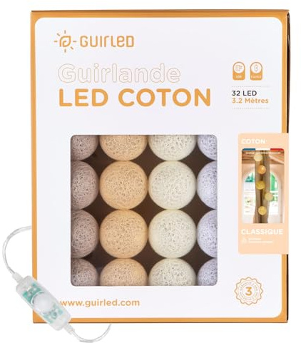GuirLED - LED Baumwollkugeln Lichterkette USB - Baby Nachtlicht 2h - Dual USB 2A Netzteil enthalten - 3 Intensitäten - 32 Kugeln 3.2m - Baumwolle