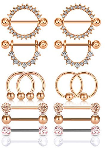 Incaton 1.6mm Nippelpiercing 14G Brustwarzenpiercing 8 Paar Nipple Piercing Chirurgenstahl Nippelschmuck für Frauen Silber Rosegold Schwarz