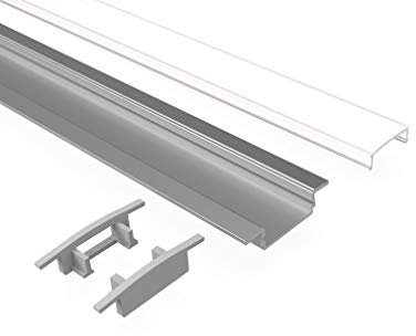 Tivendis Led Alu Profil 2 m EF2 Komplett Set für Strip/Streifen bis 12 mm breit | Abdeckung satiniert milchig, Endkappen | Einbau Fußleisten Flachprofil eloxiert