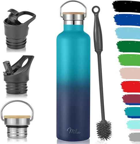 Milu Edelstahl Trinkflasche 500ml, 750ml, 1000ml (+3 Deckel) - Thermosflasche mit Strohhalm, Isolierte Wasserflasche, Auslaufsichere Isolierflasche doppelwandig, Kohlensäure geeignet (Grün Blau, 1L)