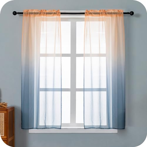 GIRASOLE HOME Paire de rideaux voile semi-transparents, couleur dégradée, jaune et gris, rideau pour salon, chambre, chambre d'enfant, cuisine et intérieur, 2 panneaux avec poche 70 x 138 cm
