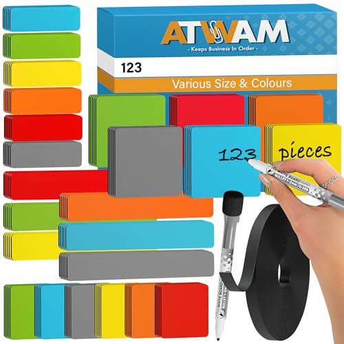 ATWAM - 123 Beschreibbare Magnete - Zubehör MEGA Set - 4 Verschiedene Größen - 6 Magnetstreifen Beschreibbar - Für Whiteboard, Magnettafel, Magnetwand & Kühlschrank