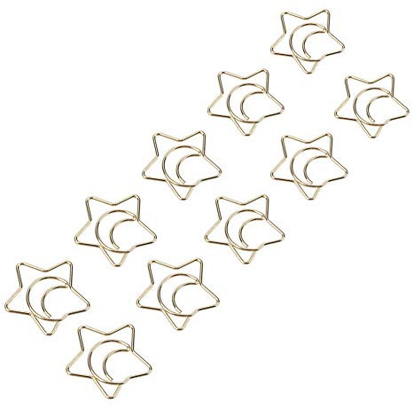 Tyenaza Büroklammern, 10 Stück Goldfarbene Stern-Mond-Büroklammern, kunststoffbeschichtete Galvanik-Büroklammern Lesezeichen-Markierungsklammer für Schule, Zuhause, Büro, Buch, Poster, Foto