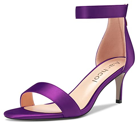 Aachcol Mujer Aguja Medio Heel Sandalias Correa Tobillo Abierta Punta Dress Zapatos Fiesta de Boda Satín Morado 6.5 CM 39 EU