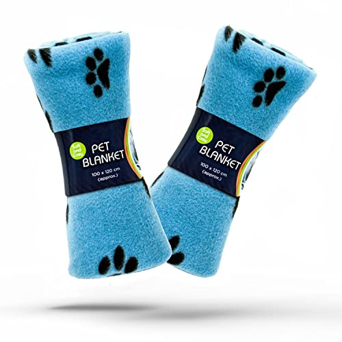 2 x weiche, warme Hunde-Fleece-Decke mit Pfotenabdrücken, Katzen-, Welpen- und Hundedecken, waschbar, für Reisen (Blau, 100 x 120 cm, 2 Stück)