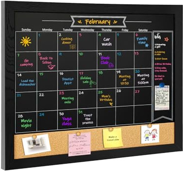 TORASO Magnetic Chalkboard Calendar Corkboard, Small Combination Chalk Board Bulletin Board, 13 x 17,Black Wood Framed Blackboard Calendar Cork Combo Board(ZHHB-BK-3343)