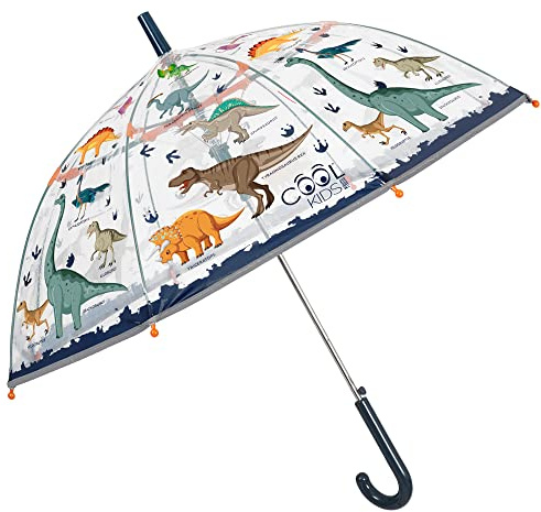 PERLETTI Ombrello Trasparente Bambino con Dinosauri - Ombrellino Automatico Antivento Bambini - Ombrello Bordo Blu Profili Catarifrangenti Bimbo 4 5 6 7 Anni - Diametro 74 cm - Cool Kids (Dinosauro)