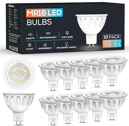 Torkase 10 Pack MR16 LED Light Bulbs, 12-Volt, 40-Degree Spot Light with GU5.3 Base, 5-Watt (50-Watt Equivalent), 500 Lumen, 2700K Warm White, LED Recessed Track Spotlight Bulbs, Non-Dimmable