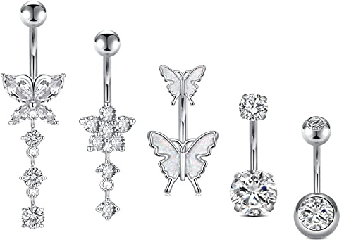 Incaton 14G Belly Button Rings, Stainless Steel Diamond Belly Rings For Women, Dangle Belly Button Rings With Butterfly, 10mm Bar Navel Piercings Silver 10mm