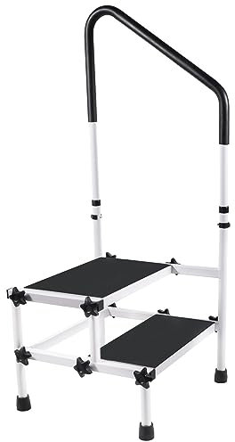 URFORESTIC 2-stufiger Hocker mit Handlauf, sicherer Tritthocker für ältere Menschen, Küche, Bad, Fahrzeug, stabiler Edelstahlrahmen, rutschfeste Gummimatte, 150 kg Belastung, Schwarz, Modern