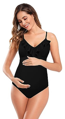 SHEKINI Maternity Costume intero da donna con volant a fascia, regolabile, taglie grandi, costume premaman monopezzo per gravidanza, Nero , M