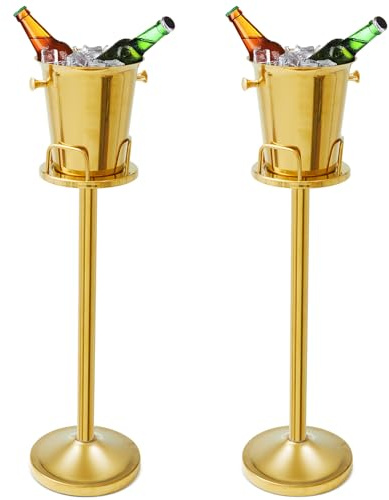 Lallisa 2 Pieces Wine Ice Bucket with Stand Stainless Steel Standing Champagne Ice Bucket Cube Container on Stand for Beer KTV Club Bar BBQ Wedding 35.8in 5L (Gold)