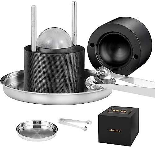 VEVOR Ice Ball Maker Eiskugelpresse Satz 60 mm, Eiswürfelform Eiskugelform mit Eiszange & Tropfschale, Alu Schwarze Strapazierfähige Eiswürfelformen Eiswürfelbehälter Whisky Americano, Saft