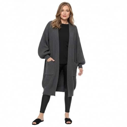HUBIBUBI Ladies Oversized Long Cardigan Balloon Sleeve Chunky Ribbed Open Knitted Maxi Jumper Ladies Maxi Knitted Puff Sleeve 2 Pocket Cardigan Boyfriend Sweater Top UK Size 8-22