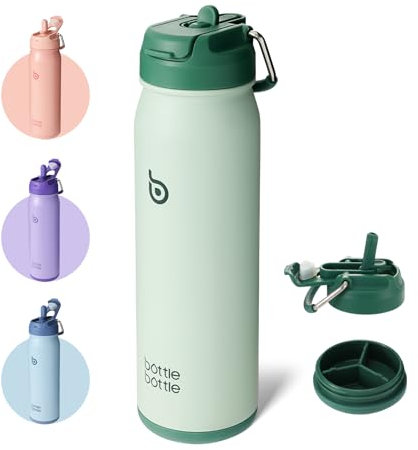 bottlebottle Edelstahl Trinkflasche 24oz(709ml) mit Strohhalm Griff und Pillenfach für Outdoor Schule, isolierte sportflasche (Grün)