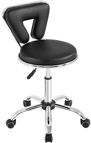 Yaheetech Taburete Alto con Respaldo Taburete Cosmético Negro | Taburete Giratorio Regulable Silla con Ruedas para Manicura, Pedicura, Tatuajes